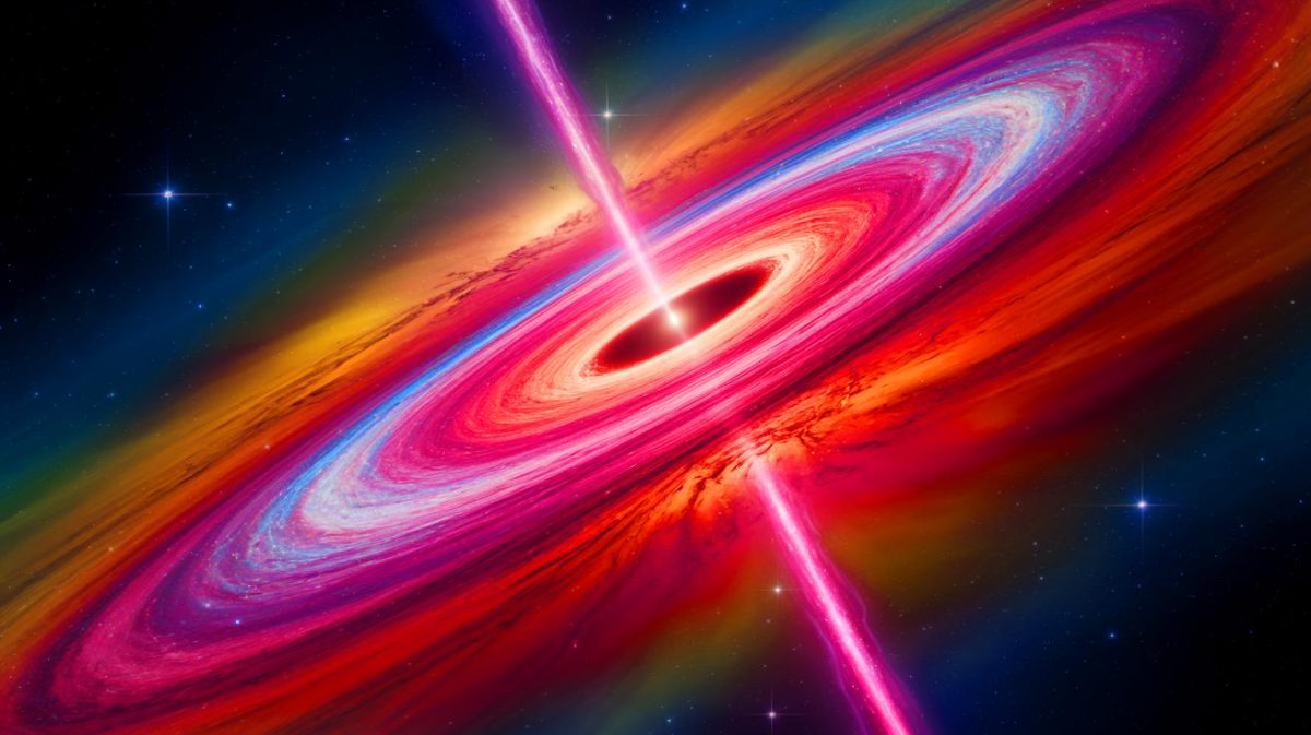 Illustration de jets de trou noir géants dans l'univers primitif (création par IA, illustration non réaliste). Crédit : Ideogram.