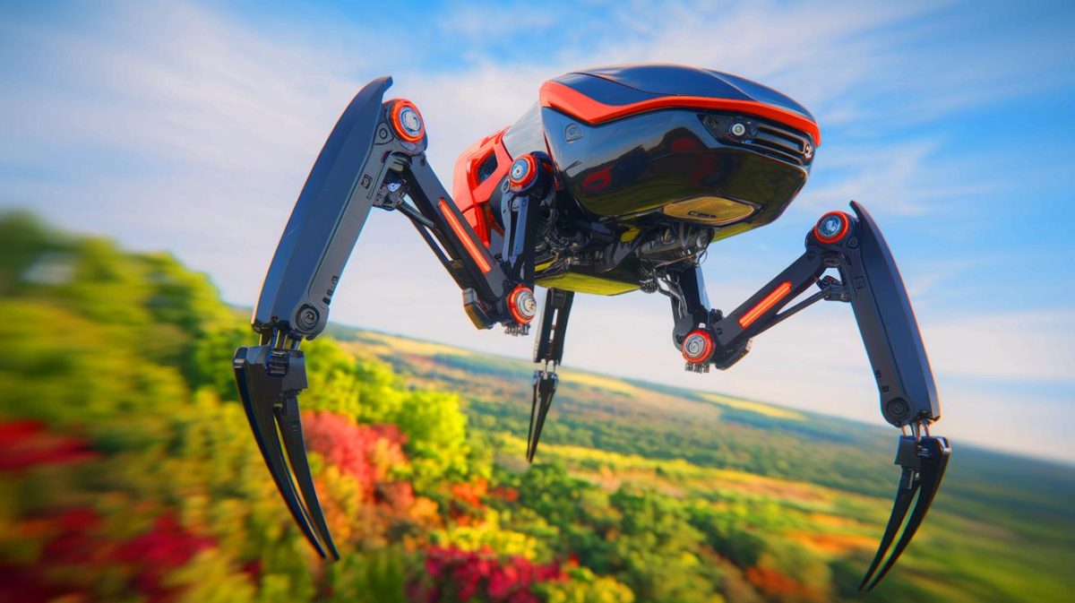 Illustration de drone RAVEN équipé de jambes robotiques inspirées des oiseaux (création par IA, illustration non réaliste). Crédit : Ideogram.