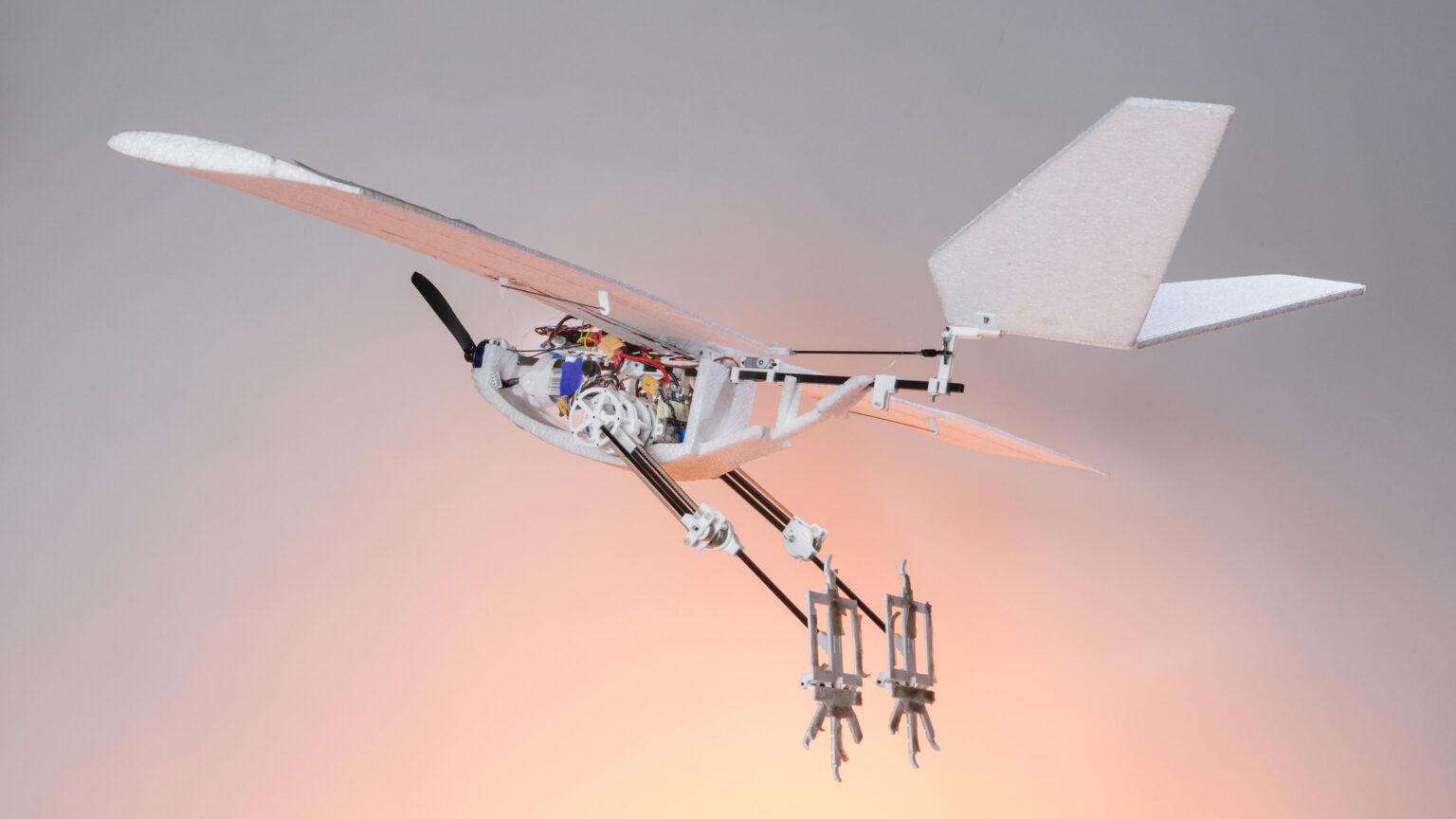 Photo d'un drone transparent à hélices, avec deux pattes semblables à celles d'un oiseau qui s'étendent derrière lui.