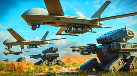 Illustration de l'intégration des drones autonomes sur le champ de bataille moderne. Image réalisée par IA.