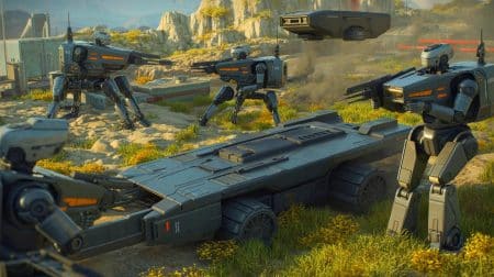 Illustration de robots tueurs autonomes sur un champ de bataille moderne. Image réalisée par IA.