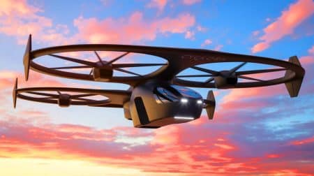 Illustration de Blackbird, le prototype eVTOL innovant de Cyclotech, équipé de Cyclorotors pour une propulsion avancée (création par IA, non réaliste). Crédit : Ideogram