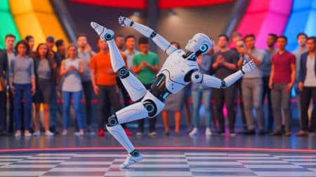 Illustration de robots humanoïdes exécutant des mouvements de danse acrobatique. Image réalisée par IA.