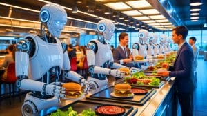 Illustration de robots préparant des burgers dans un fast-food automatisé en Californie (création par IA, non réaliste). Crédit : Ideogram