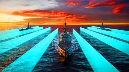 Illustration de la technologie de la marine fantôme chinoise transformant un navire en armada. Image réalisée par IA.