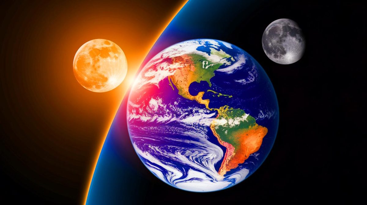 Illustration de l'équilibre cosmique entre le Soleil et la Lune influençant la durée des journées terrestres (création par IA, illustration non réaliste). Crédit : Ideogram.