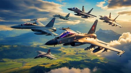 Illustration de l'opposition en Suisse à l'achat des avions F-35 américains. Image réalisée par IA.
