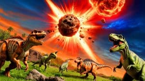 Illustration de l'extinction des dinosaures et de l'impact climatique. Image réalisée par IA.