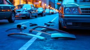 Illustration de pièces détachées de voiture, comme les blocs optiques et les pare-chocs, ciblées par des voleurs. Image réalisée par IA.