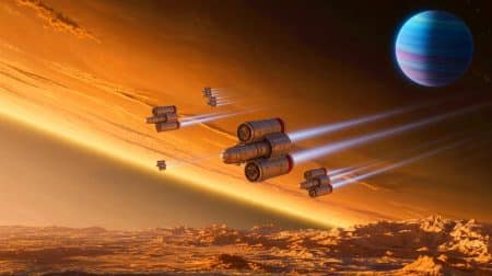 Illustration de l'astéroïde Bennu dans l'espace, mettant en évidence sa trajectoire potentiellement dangereuse. Image réalisée par IA.