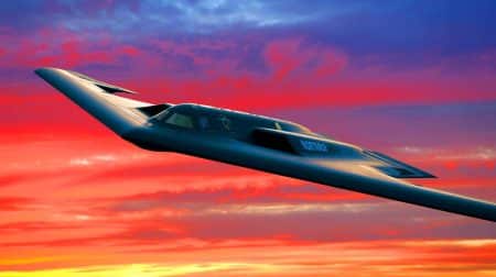 Illustration du bombardier furtif Northrop B-2 Spirit en vol. Image réalisée par IA.