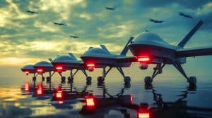 Illustration de drones militaires de tailles variées en opération. Image réalisée par IA.