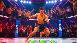 Illustration de la série La Cage centrée sur l'univers du MMA et son personnage principal Taylor. Image réalisée par IA.