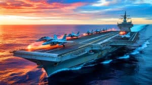 Illustration de porte-avions modernes en opération sur les océans. Image réalisée par IA.