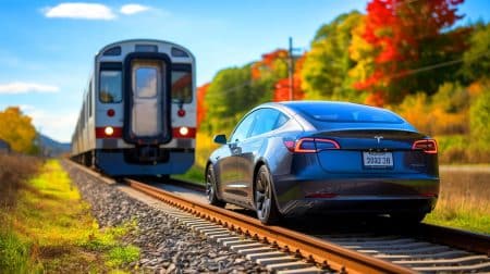 Illustration de l'accident d'une Tesla autonome sur une voie ferrée. Image réalisée par IA.