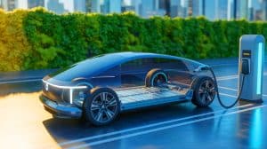 Illustration de l'avancée technologique des batteries à l'état solide pour véhicules électriques. Image réalisée par IA.