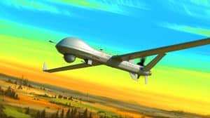 Illustration de la munition rôdeuse Koub-BLA en vol. Image réalisée par IA.
