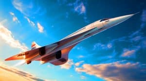 Illustration du Concorde volant à vitesse supersonique. Image réalisée par IA.