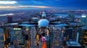 Illustration de drones de grande taille survolant le New Jersey. Image réalisée par IA.