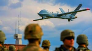 Illustration de drones russes survolant un site protégé en Italie. Image réalisée par IA.