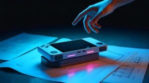 Illustration de la future console portable PlayStation de Sony, intégrant des composants technologiques avancés. Image réalisée par IA.