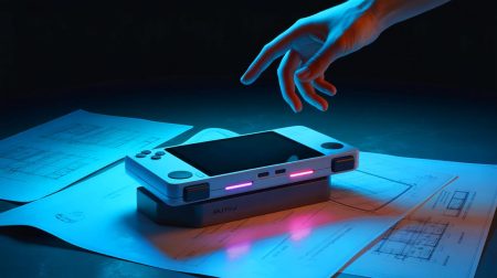 Illustration de la future console portable PlayStation de Sony, intégrant des composants technologiques avancés. Image réalisée par IA.