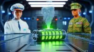 Illustration de l'innovation d'une batterie biodégradable s'autodétruisant après usage. Image réalisée par IA.