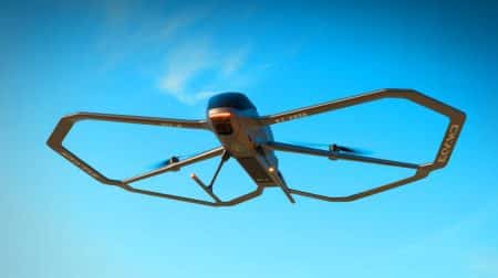Illustration de la start-up Fly-R et son drone innovant R2-600 avec ailes rhomboïdes. Image réalisée par IA.