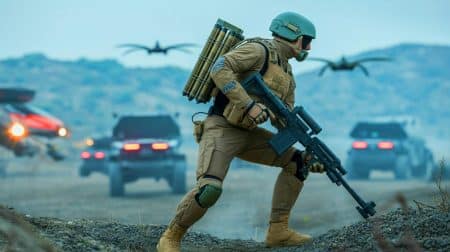 Illustration de l'intégration des exosquelettes, drones autonomes et systèmes d'aide à la décision dans la stratégie militaire moderne. Image réalisée par IA.