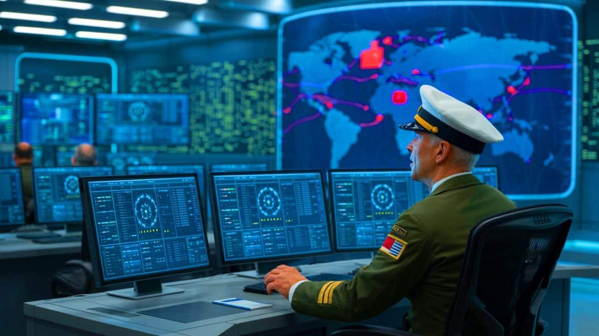 « Fuites alarmantes : des secrets militaires américains dérobés, révélant les failles inquiétantes de ces sous-traitants de la défense » — la Chine incriminée Illustration de la vulnérabilité des sous-traitants de la marine américaine face aux cyberattaques. Image réalisée par IA.