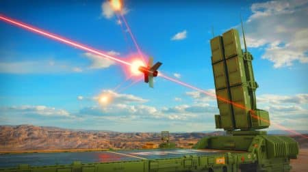Illustration de l'arme laser Iron Beam interceptant un missile en vol. Image réalisée par IA.