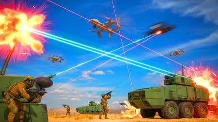 Illustration de l'utilisation d'armes à énergie dirigée par Israël et la Chine dans le cadre de stratégies militaires modernes. Image réalisée par IA.