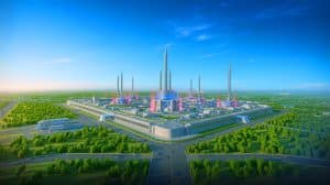 Illustration de la construction d'un centre de recherche chinois sur la fusion par laser. Image réalisée par IA.