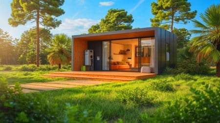 Illustration de la Boxabl Casita, maison préfabriquée adoptée par Elon Musk pour un habitat durable et minimaliste. Image réalisée par IA.