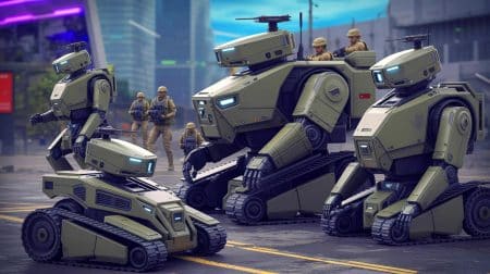 Illustration de l'intégration de robots terrestres dans l'armée de Terre. Image réalisée par IA.
