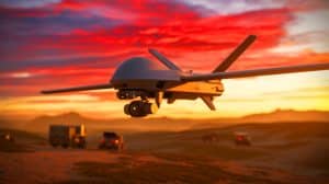 Illustration de drones militaires en vol au-dessus d'un champ de bataille. Image réalisée par IA.