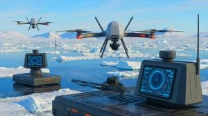 Illustration de la surveillance des mouvements russes en Arctique par le Royaume-Uni grâce à l'intelligence artificielle. Image réalisée par IA.