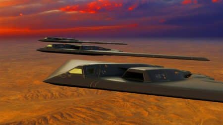 Illustration de bombardiers B-2 Spirit en mission au-dessus de sites nucléaires iraniens. Image réalisée par IA.