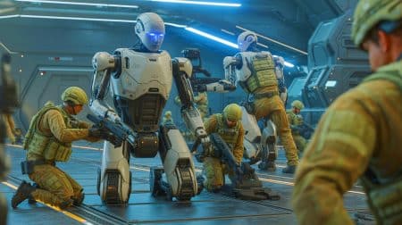 L’armée américaine dévoile : ces nouveaux robots IA qui pensent, parlent et comprennent comme de véritables soldats humains entraînés à la perfection Illustration de l'intégration de l'intelligence artificielle dans les robots militaires pour améliorer la collaboration homme-machine sur le champ de bataille. Image réalisée par IA.