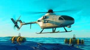 Illustration de drone VSR700 d'Airbus Helicopters équipé pour la lutte anti-sous-marine. Image réalisée par IA.
