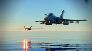 Illustration de la coopération entre le Rafale F5 et le drone de combat nEUROn. Image réalisée par IA.