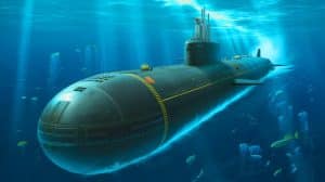 Illustration de l'imposant sous-marin russe K-329 Belgorod en mer. Image réalisée par IA.