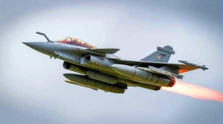Illustration de l'avion Rafale F5 avec ses innovations technologiques au Salon du Bourget. Image réalisée par IA.
