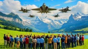 Illustration de l'opposition suisse à l'achat des avions F-35 américains et du désir de partenariats européens. Image réalisée par IA.