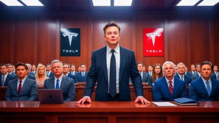 Illustration de l'affrontement judiciaire entre Elon Musk et la justice du Delaware au sujet de sa rémunération chez Tesla. Image réalisée par IA.
