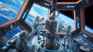 Illustration de la fabrication de matériaux en microgravité dans l'espace. Image réalisée par IA.