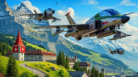 Illustration de l'opposition suisse à l'achat des avions de chasse F-35 américains. Image réalisée par IA.
