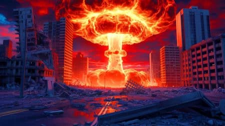 « Survivre à l’apocalypse nucléaire » : découvrez la distance exacte en mètres pour échapper à une explosion atomique dévastatrice selon les experts Illustration de l'impact dévastateur d'une explosion nucléaire et ses conséquences immédiates. Image réalisée par IA.