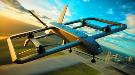 Illustration de l'Airlift, un aéronef hybride-électrique développé par Airvolve pour remplacer les hélicoptères militaires traditionnels. Image réalisée par IA.