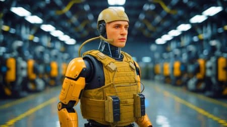 Illustration de Porton Man, le mannequin robotisé de l'armée américaine pour tester l'équipement de protection chimique. Image réalisée par IA.
